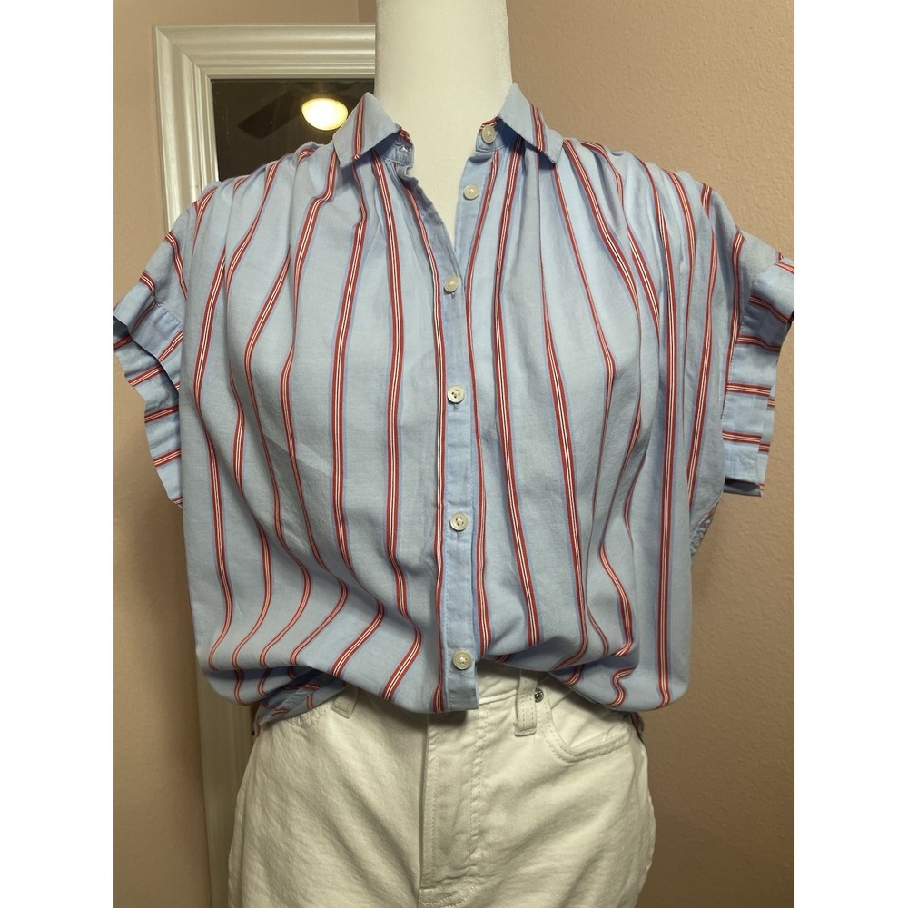 Madewell Womens Striped Button Down Shirt Blue Red Short Sleeve Cotton Small